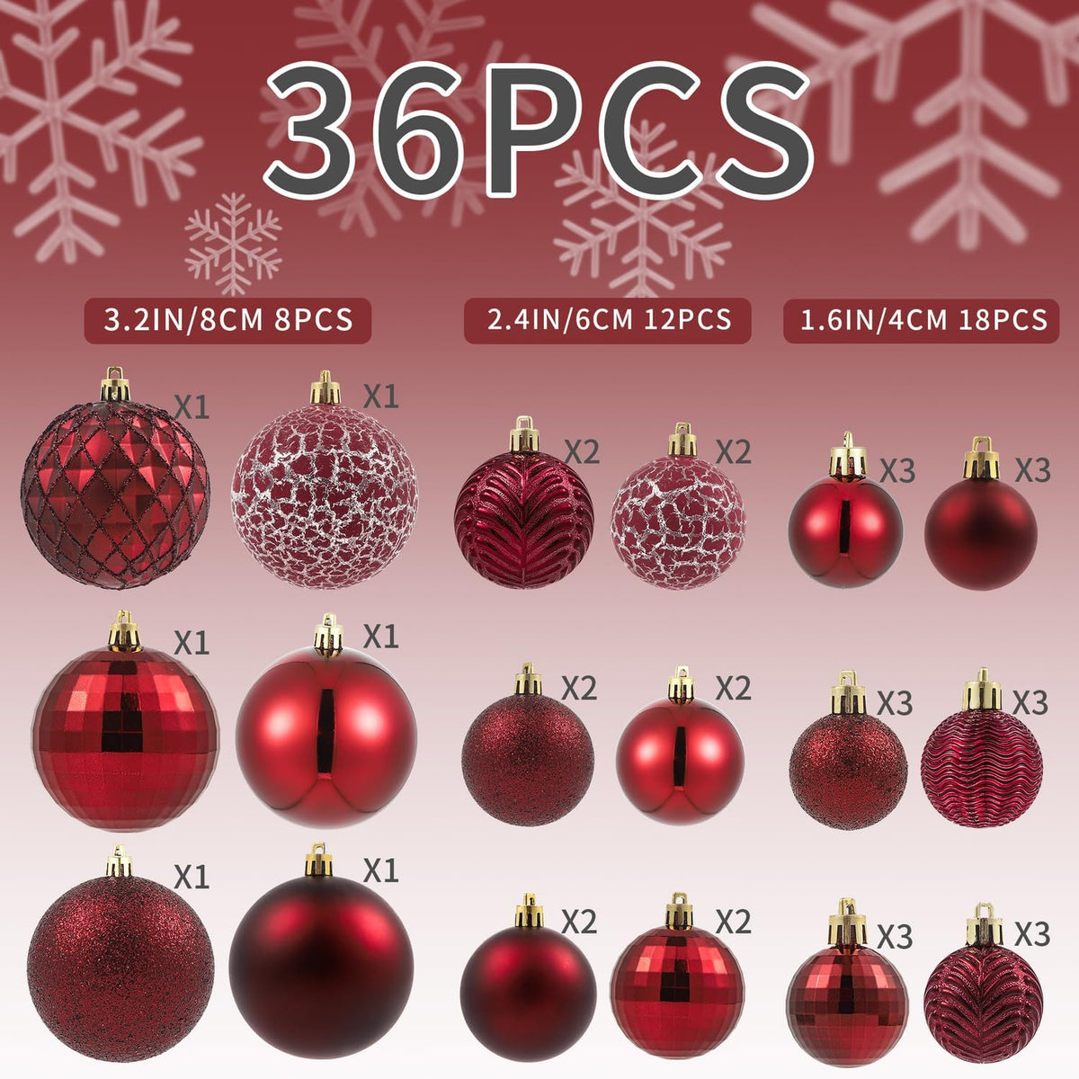LANGXUN 36pcs Wine Red Christmas Tree Decorations Balls, Bolas De Navidad, 2025 Christmas Decor