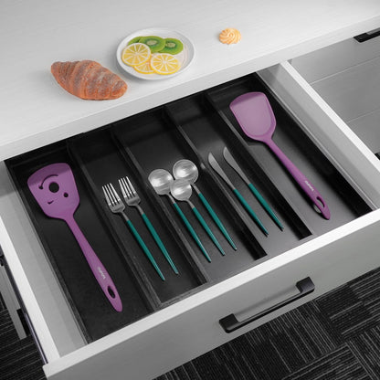 Utoplike Bamboo Drawer Organizer Kitchen Utensils, Adjustable Black Silverware Holder and Cutlery