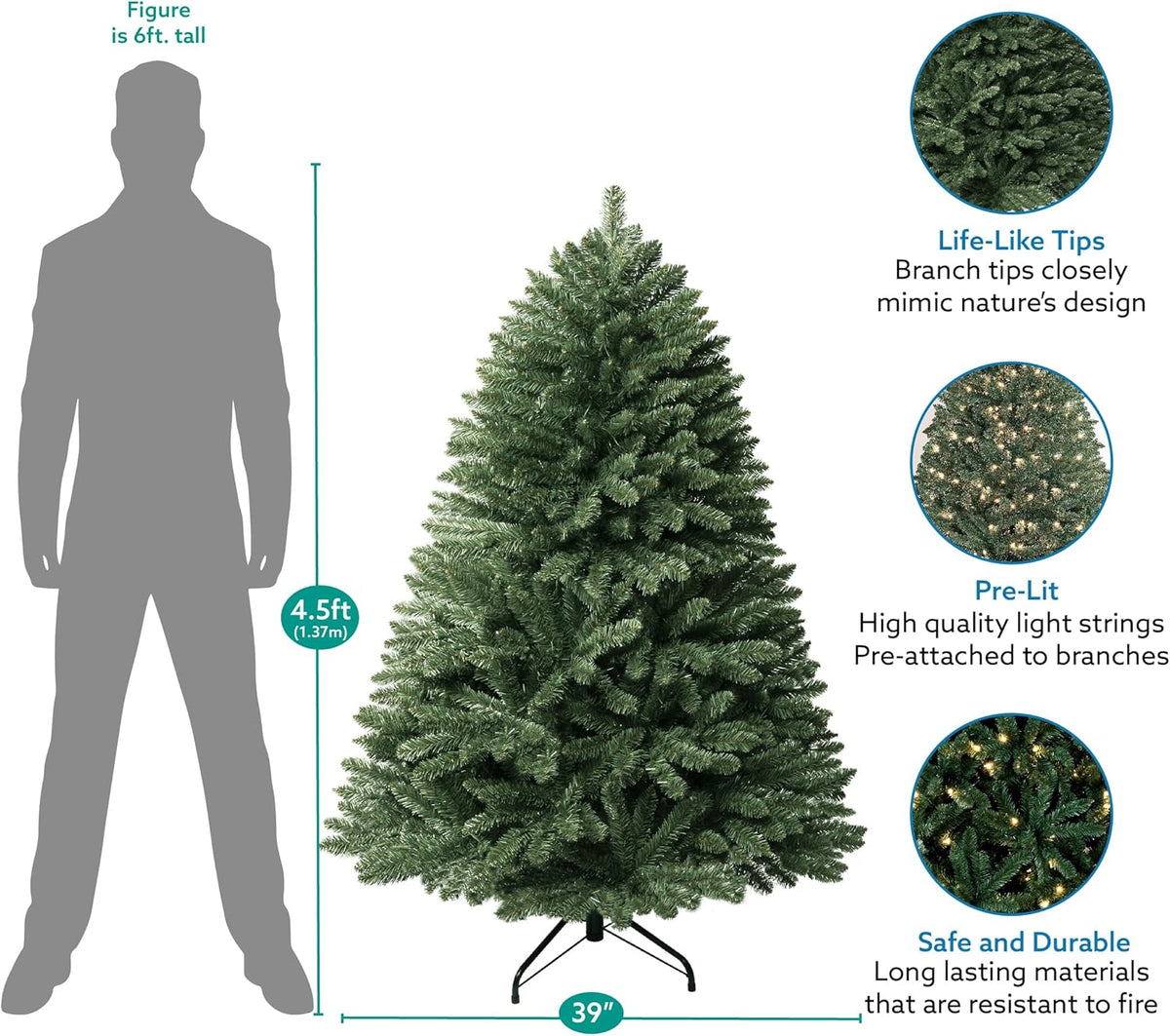 Prague 4.5ft Prelit Artificial Christmas Tree with Foot Pedal, 674 Branch Tips, 250 Warm Lights and