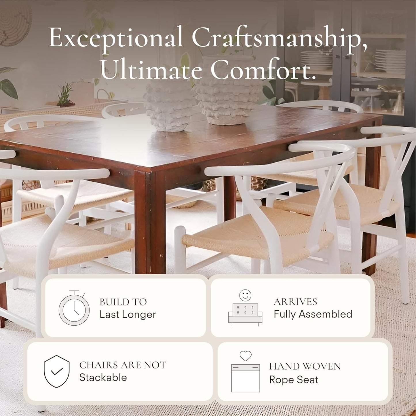 POLY & BARK Weave Dining Chairs – Mid-Century Modern Wishbone Dining Chairs with Arms, Solid Wood