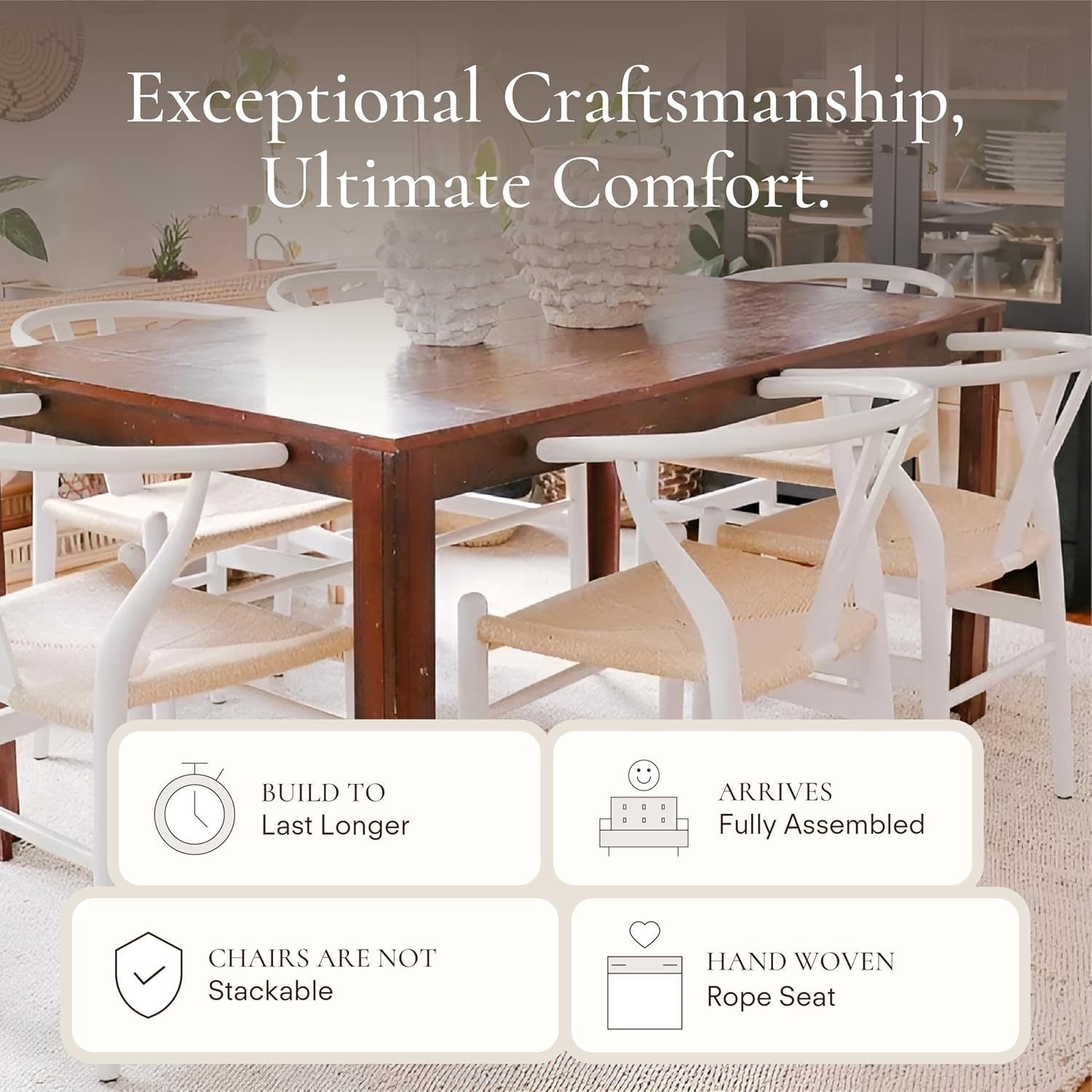 POLY & BARK Weave Dining Chairs – Mid-Century Modern Wishbone Dining Chairs with Arms, Solid Wood