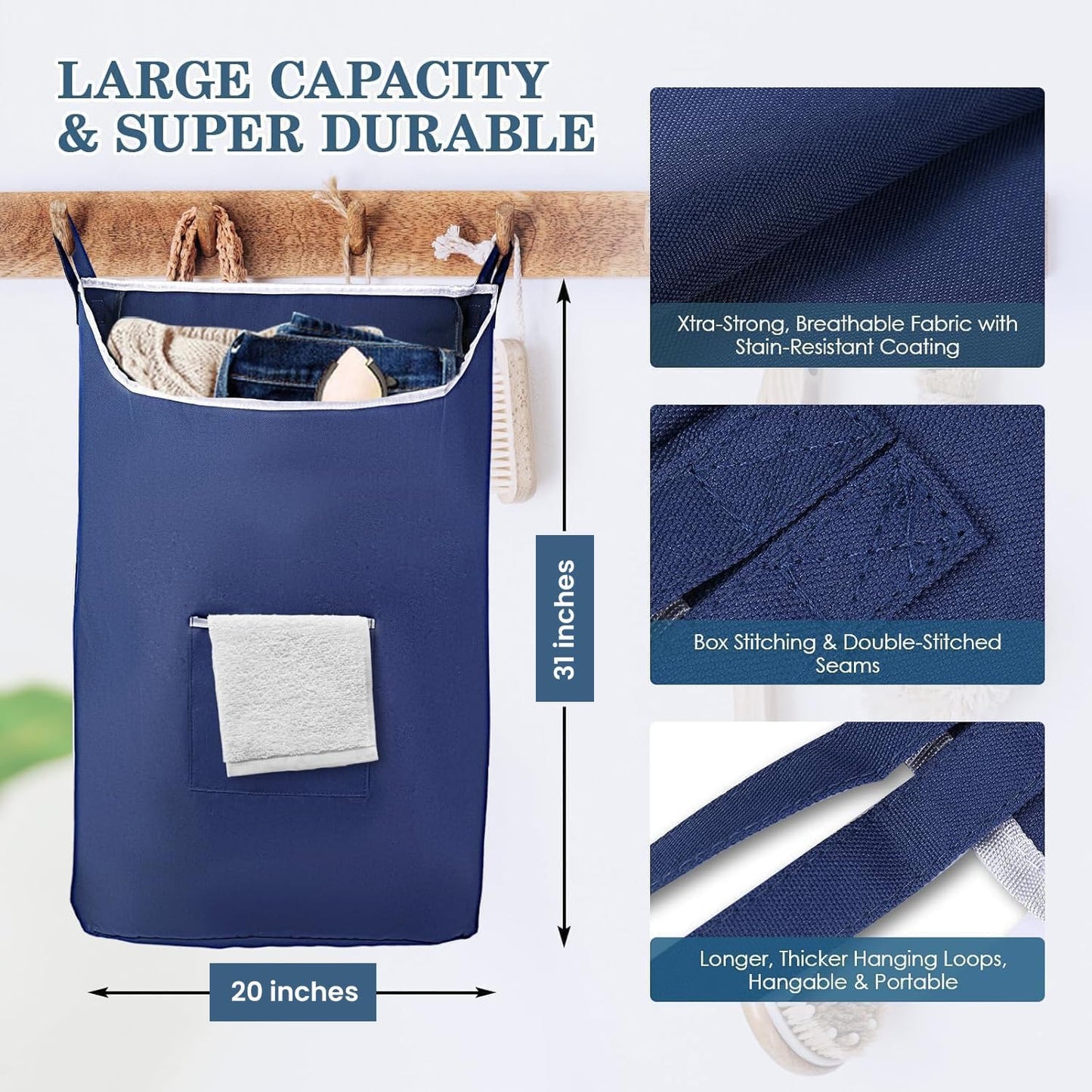 Fine Living Co. Large Hanging Laundry Hamper with Over Door Hooks & Adhesive, Durable Space Saving