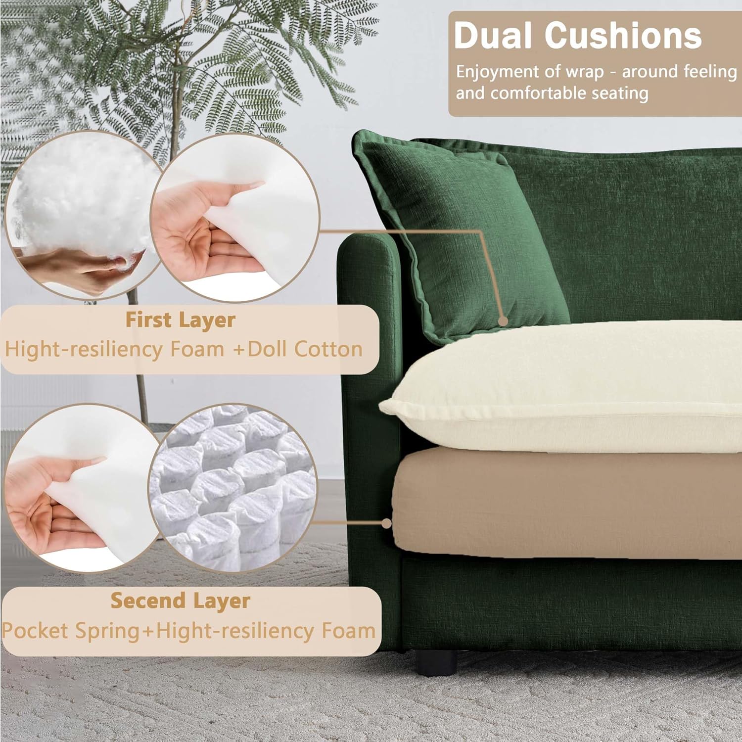 Sectional Sofa 4 Seater with Movable 1 Ottoman,Oversized Modular Couch Deep Seat (Green, 146.5
