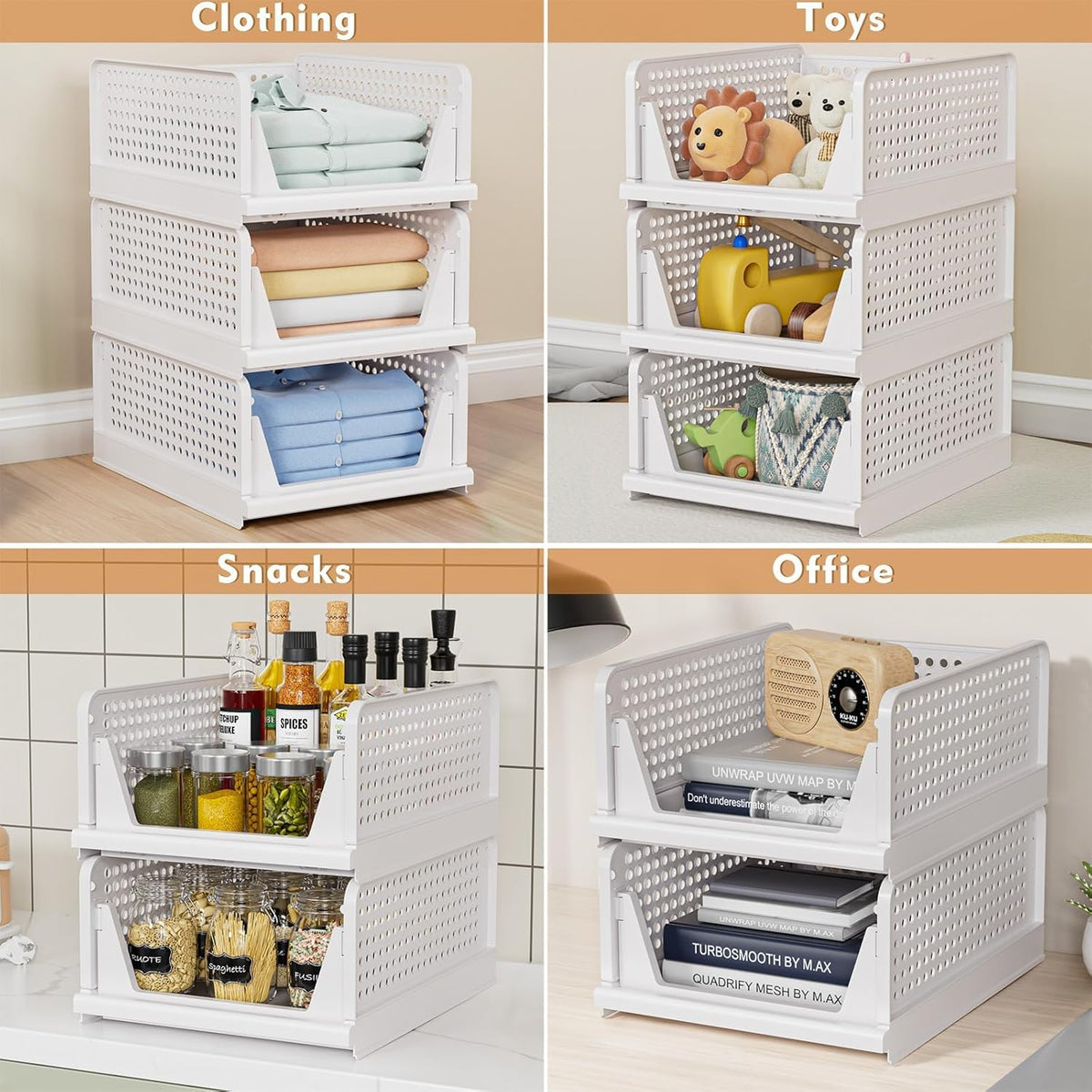 5 Pack Stackable Closet Storage Basket - Stackable Storage Bins, Multifunctional & Foldable Closet