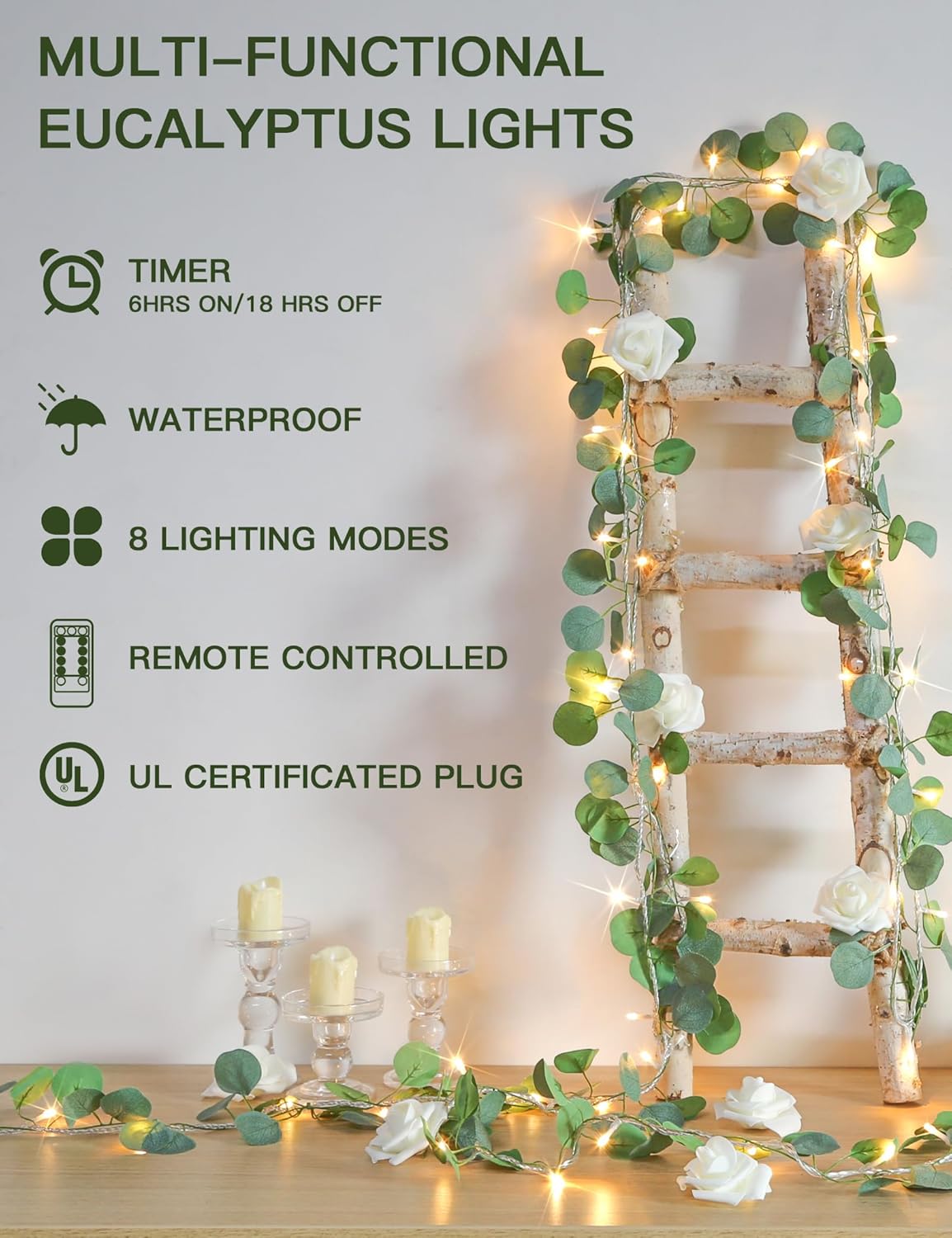 suddus Vines with Lights Plug in, 33ft 100 LED Eucalyptus Garland String Light Connectable with