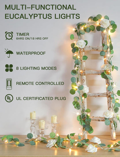 suddus Vines with Lights Plug in, 33ft 100 LED Eucalyptus Garland String Light Connectable with