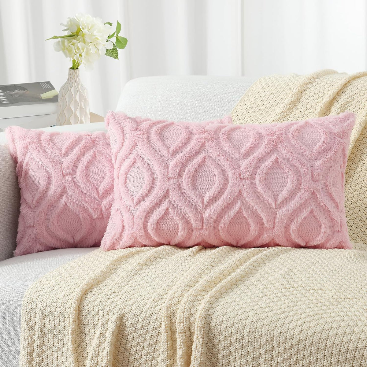 decorUhome Throw Pillow Covers 12x20 Inch Set of 2, Soft Plush Decorative Faux Fur Light Pink Solid