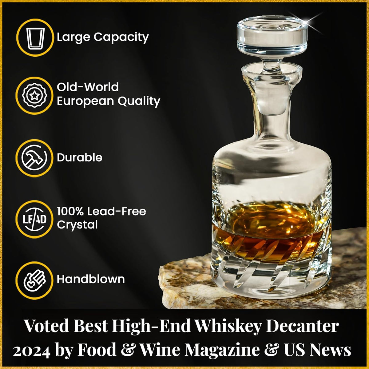 Voted Best High-End Whiskey Decanter 2024 by Food & Wine Magazine |1Hand-Blown Decanter & 4