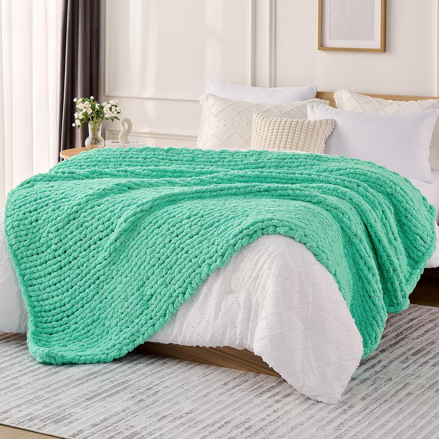 L'AGRATY Chunky Knit Blanket Throw: 60''x80'' Chenille Chunky Knitted Throw Blanket for Bed Couch