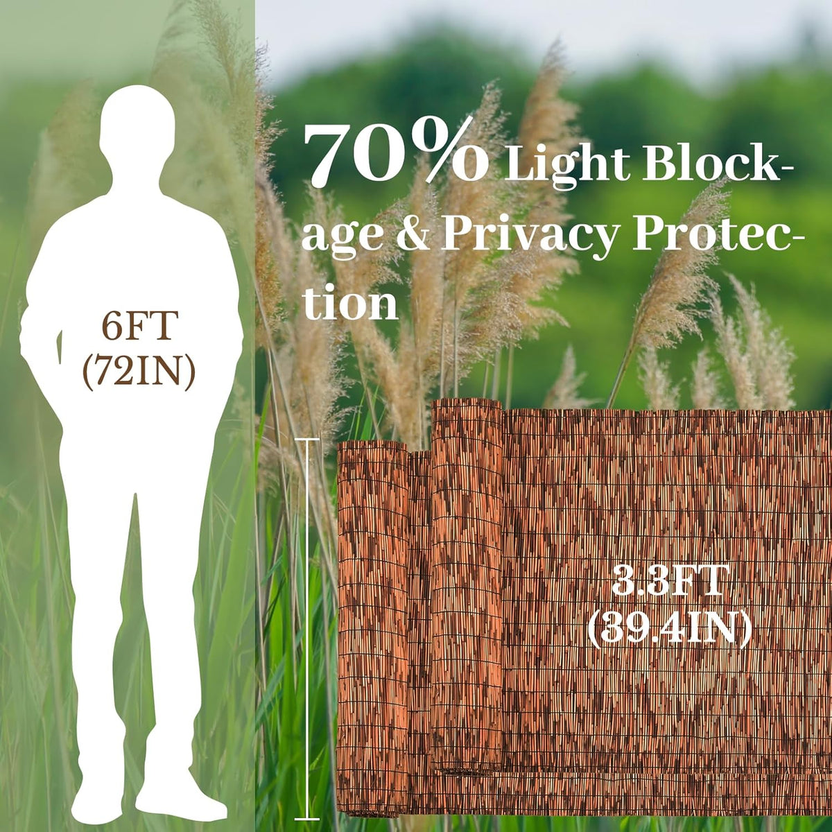 Brown 2 Pack 3.3FT X 16.4FT Reed Fencing Roll, Balcony Privacy Shade Reed Bamboo Fencing Garden