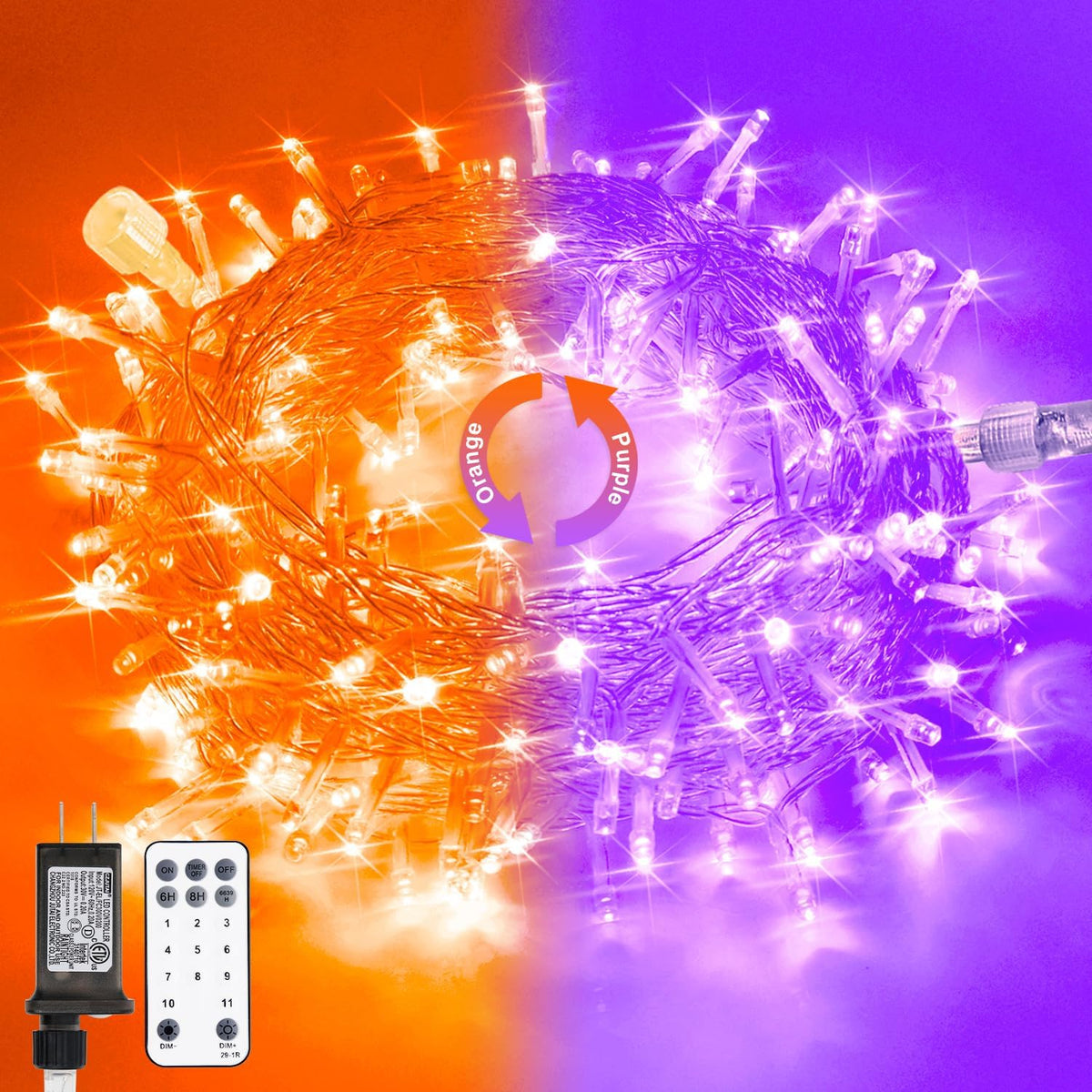 JMEXSUSS 100 LED Orange & Purple Halloween Lights - Plug in, Connectable Color Changing String