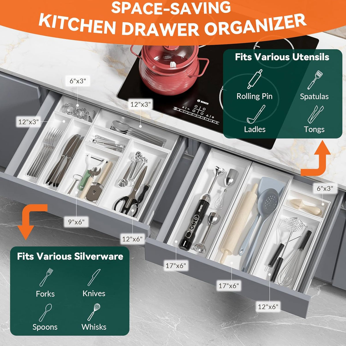 Bamboo Drawer Organizer, Extra Large Silverware Organizer for Kitchen Drawer, Stackable Utensil