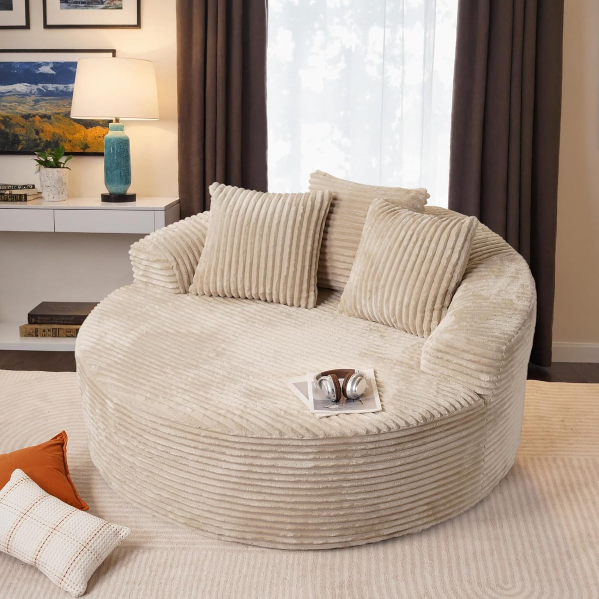 ovios 58" Oversized Round Chair Lounge Chaise Indoor, No Assembly Required, Cloud Large Circle