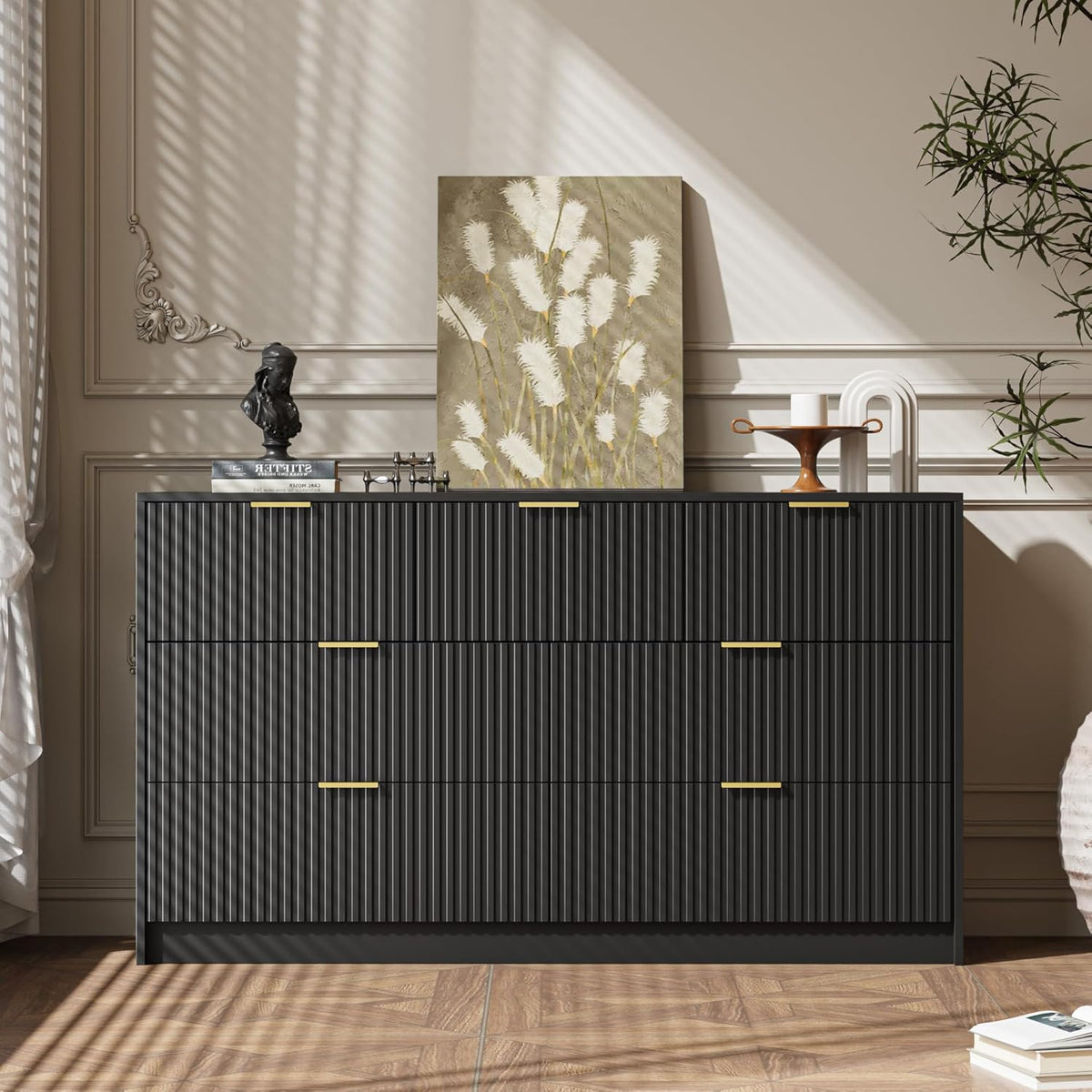Black 7 Drawer Dresser for Bedroom, Modern Fluted Dresser with Gold Metal Handles, Wide Chest of