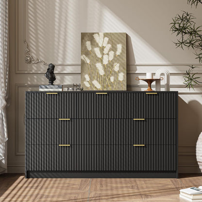 Black 7 Drawer Dresser for Bedroom, Modern Fluted Dresser with Gold Metal Handles, Wide Chest of