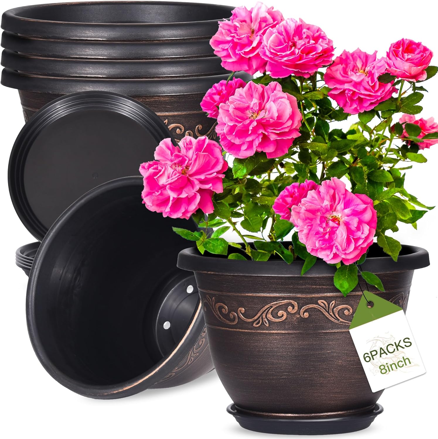 Plastic-Plant-Flower-Planters-8 Inch with Drainage Hole & Saucer, 6 Packs Lightweight Small Resin