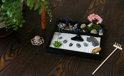 Desktop Meditation Yoga Garden Kit with Japanese Tabletop Rock Sand Chakra Shrine Altar, Home
