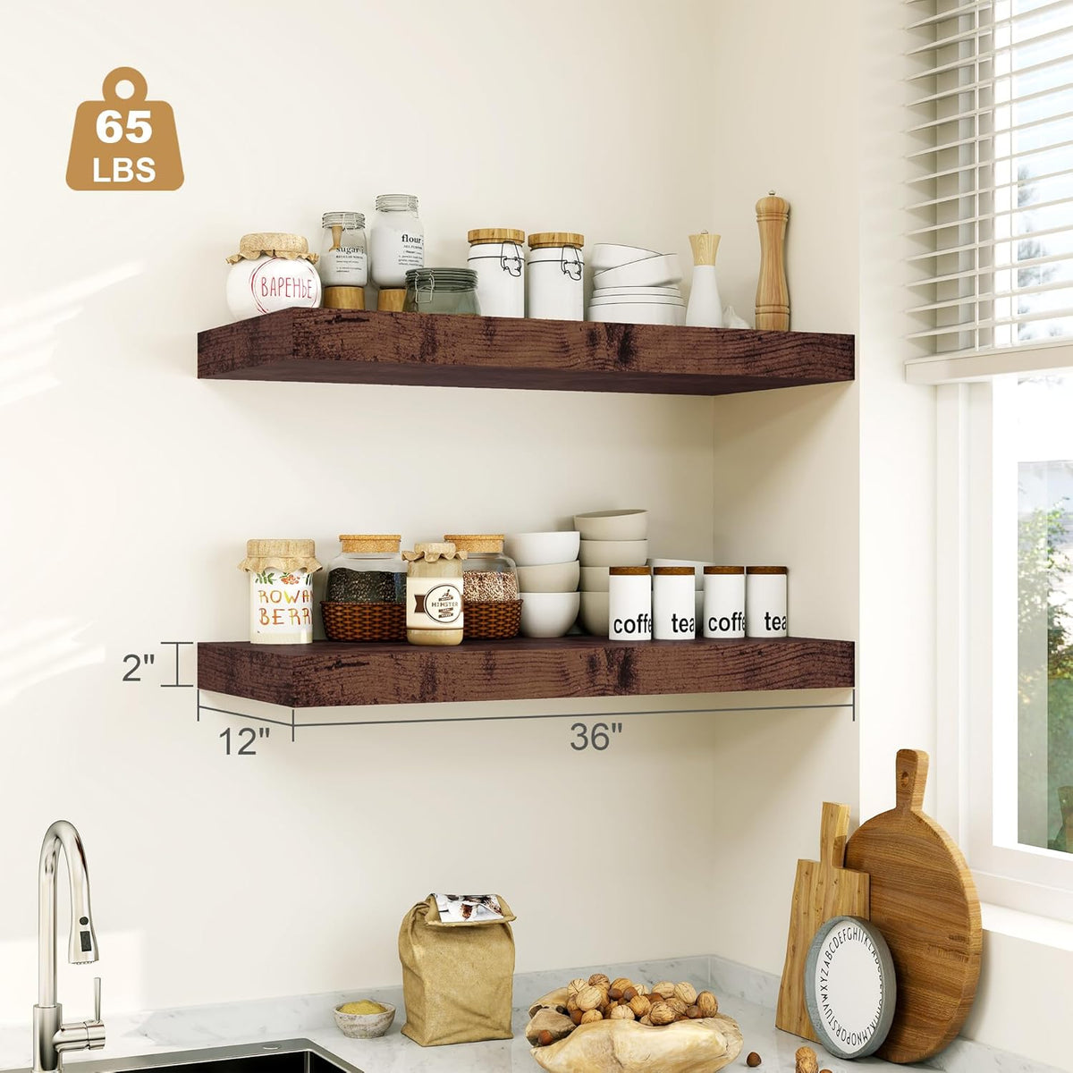 12" Deep Rustic Brown Floating Shelves,Over Toilet Long Wall Mounted Modern Farmhouse 36