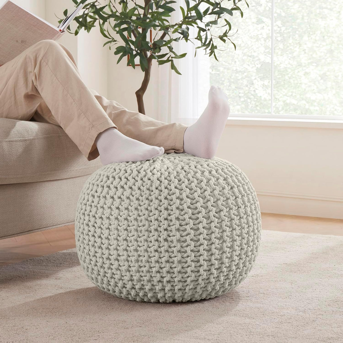 Ornavo Home Pouf Ottoman Foot Rest - 100% Cotton Pouffe - Hand Knitted Cable Braid Cord - Boho