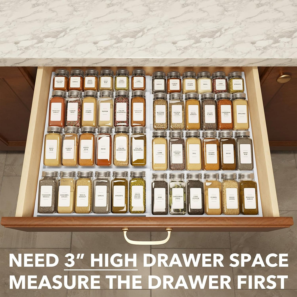 SpaceAid Bamboo White Spice Drawer Organizer, (Need 3" Deep Drawer) Expandable 4 Tier Spices Rack