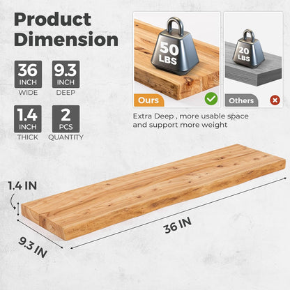 RICHFOCUS Live Edge Elm Floating Shelves - 36" W x 9.3" D Rustic Solid Wood Wall Shelves with