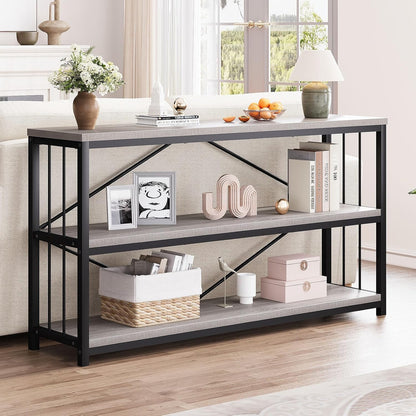 LVB Farmhouse Industrial Console Table, Wood Metal Foyer Entryway Sofa Tables with Storage, 3 Tier