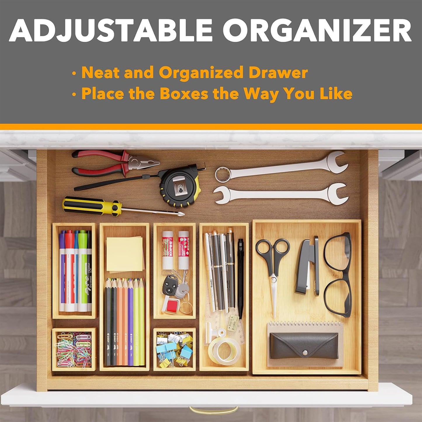 SpaceAid 7-Piece Bamboo Drawer Organizer Storage Boxes Set, Wood Tray Junk Drawer Organizers
