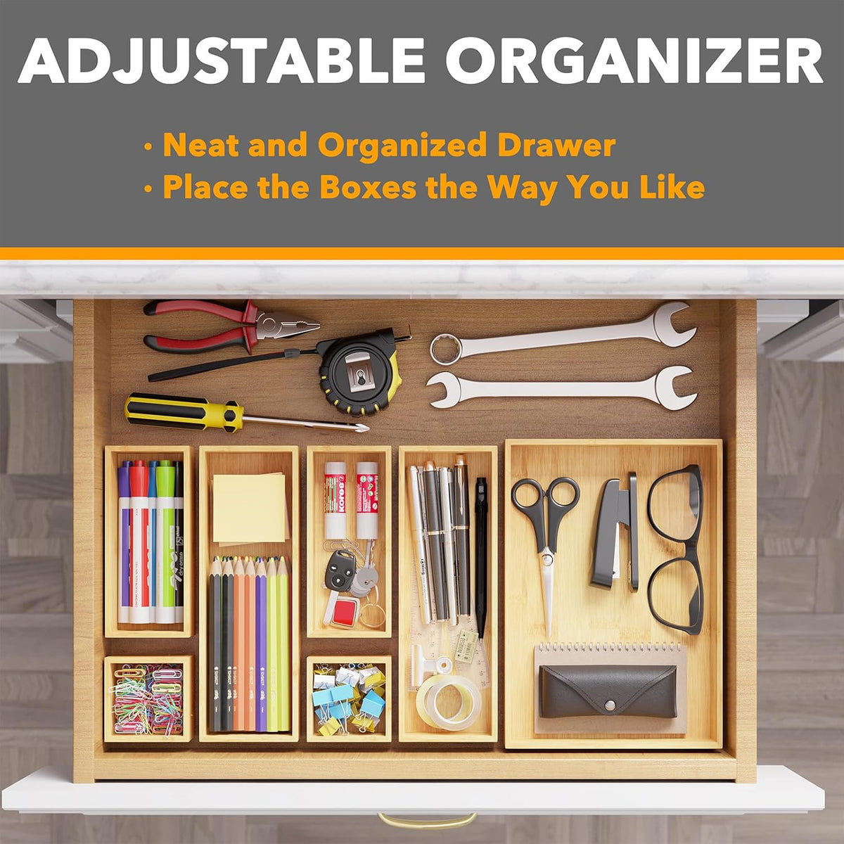 SpaceAid 7-Piece Bamboo Drawer Organizer Storage Boxes Set, Wood Tray Junk Drawer Organizers