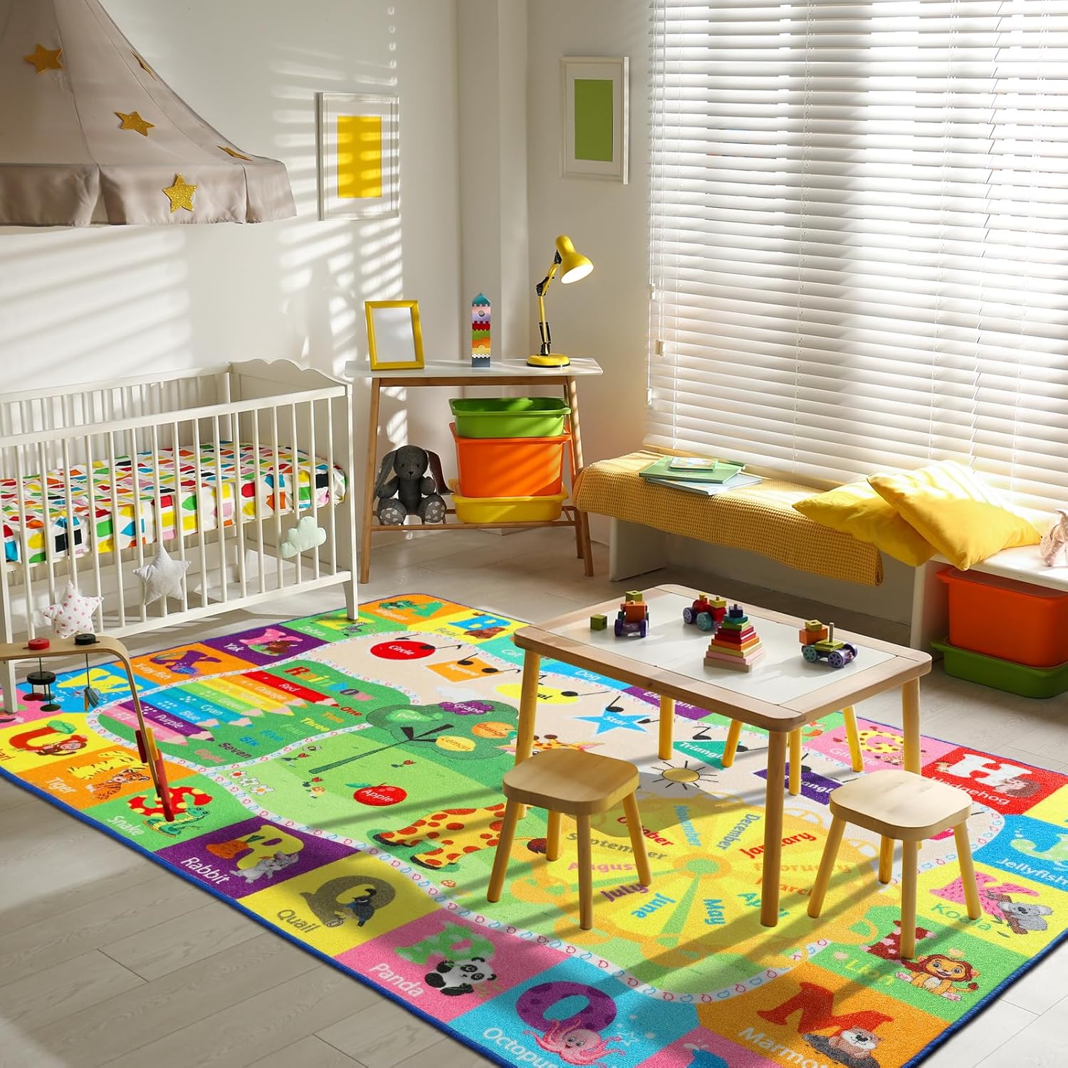 7x10 Playroom Rugs for Kids Washable, Educational and Fun Playmat with ABC Alphabet Animals Shapes