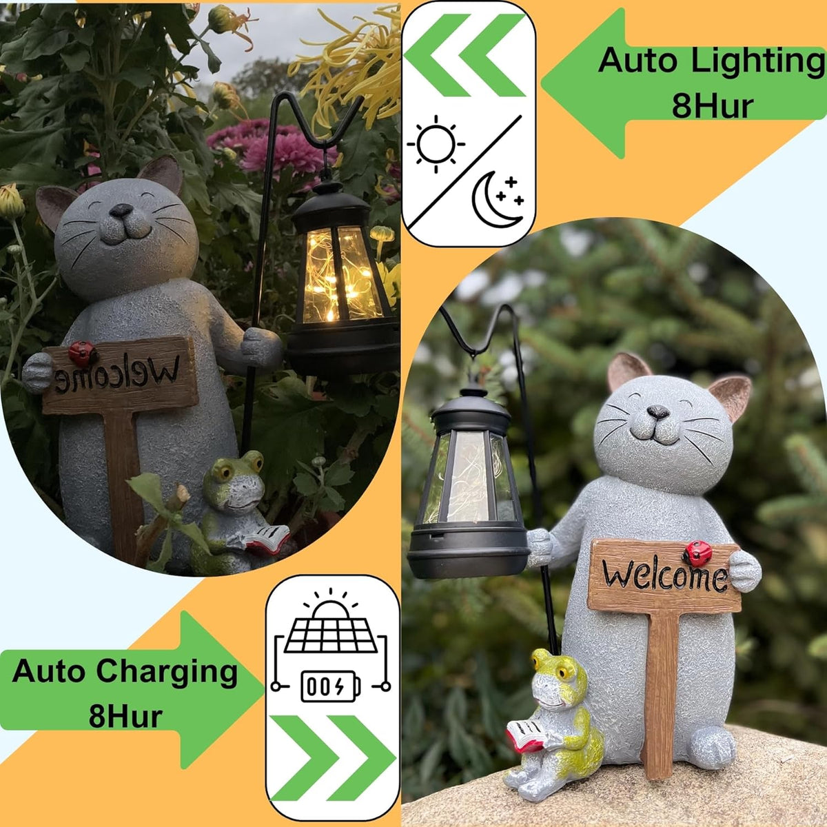 Cat Garden Statue with Solar Lantern: Cat Outdoor Figurine Decorations -Solar Garden Statue Decor