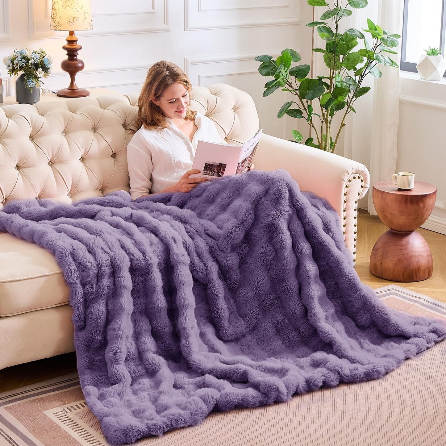 Lotus Karen Faux Fur Throw Blanket Purple - Big Bubble Rabbit Fluff Blanket for Couch Bed