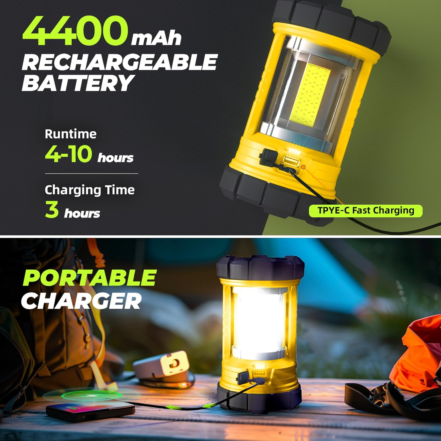 Rechargeable Camping Lantern, 3000LM 5 Light Modes Camping Light 4400 Capacity Phone Charger LED