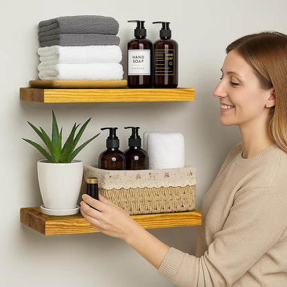 BGMG Wood Floating Shelves for Wall 16 inch Set of 2, Rustic Wooden Wall Mount Shelves for Living
