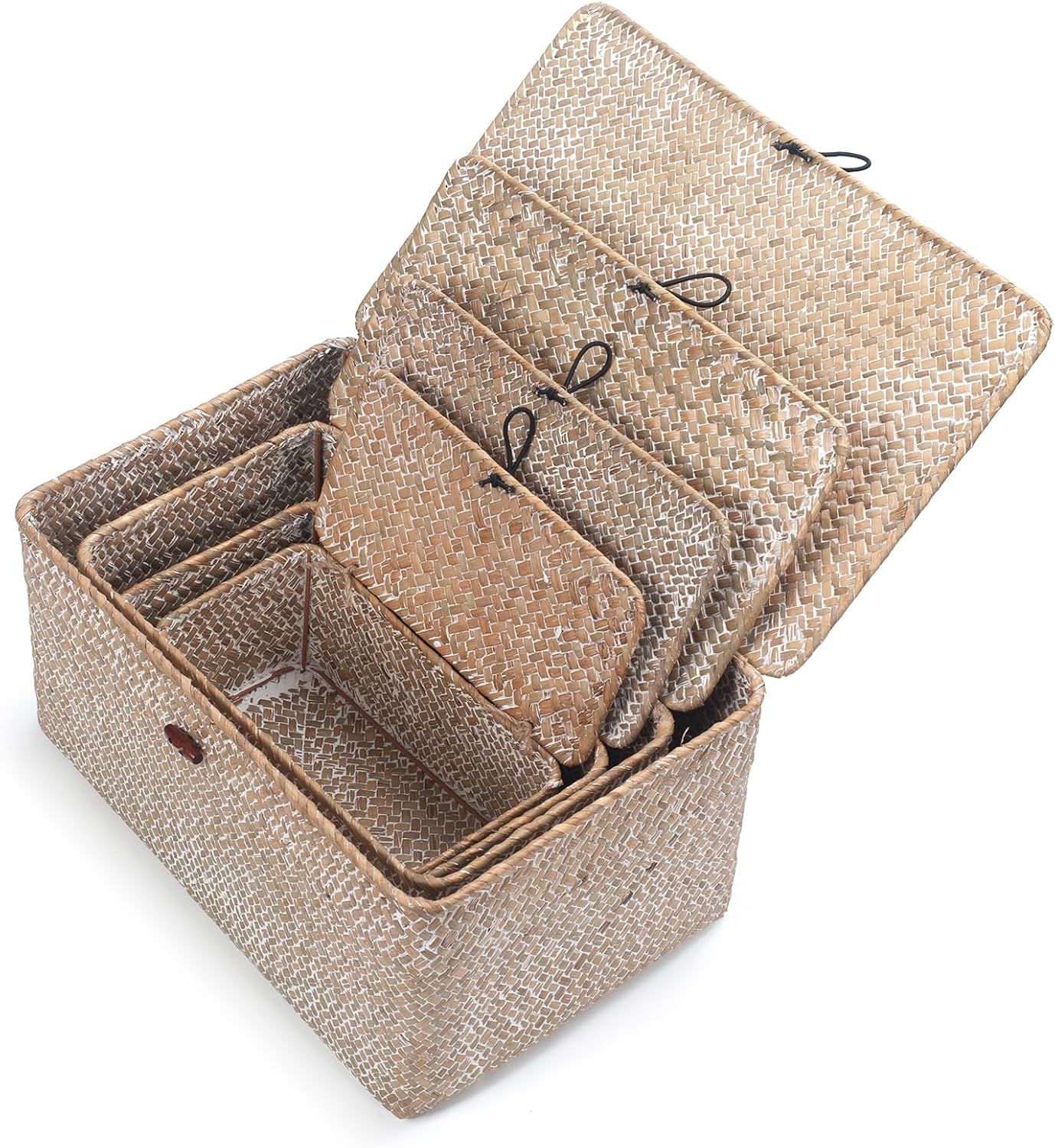 Wicker Basket with Lid, Seagrass Storage Basket, Woven Decorative Storage Baskets for Shelf