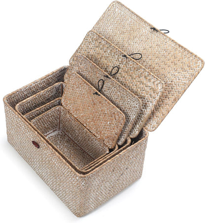 Wicker Basket with Lid, Seagrass Storage Basket, Woven Decorative Storage Baskets for Shelf