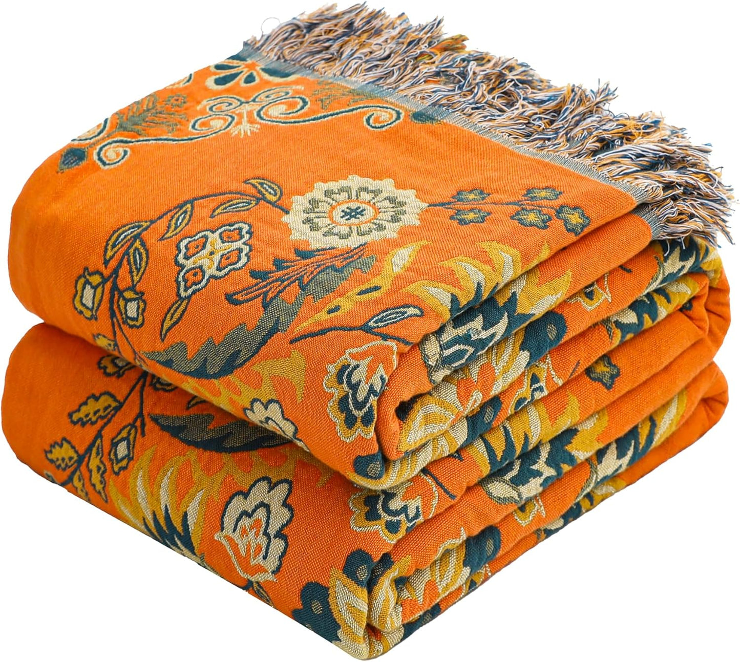 Boho Large Throw Blanket, 100% Organic Cotton Breathable Soft Bed Throw - Floral Farmhouse Decor