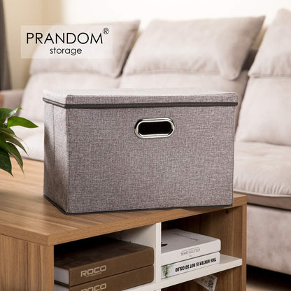 PRANDOM Large Foldable Storage Bin with Lid [1-Pack] Linen Fabric Decorative Storage Box Organizer