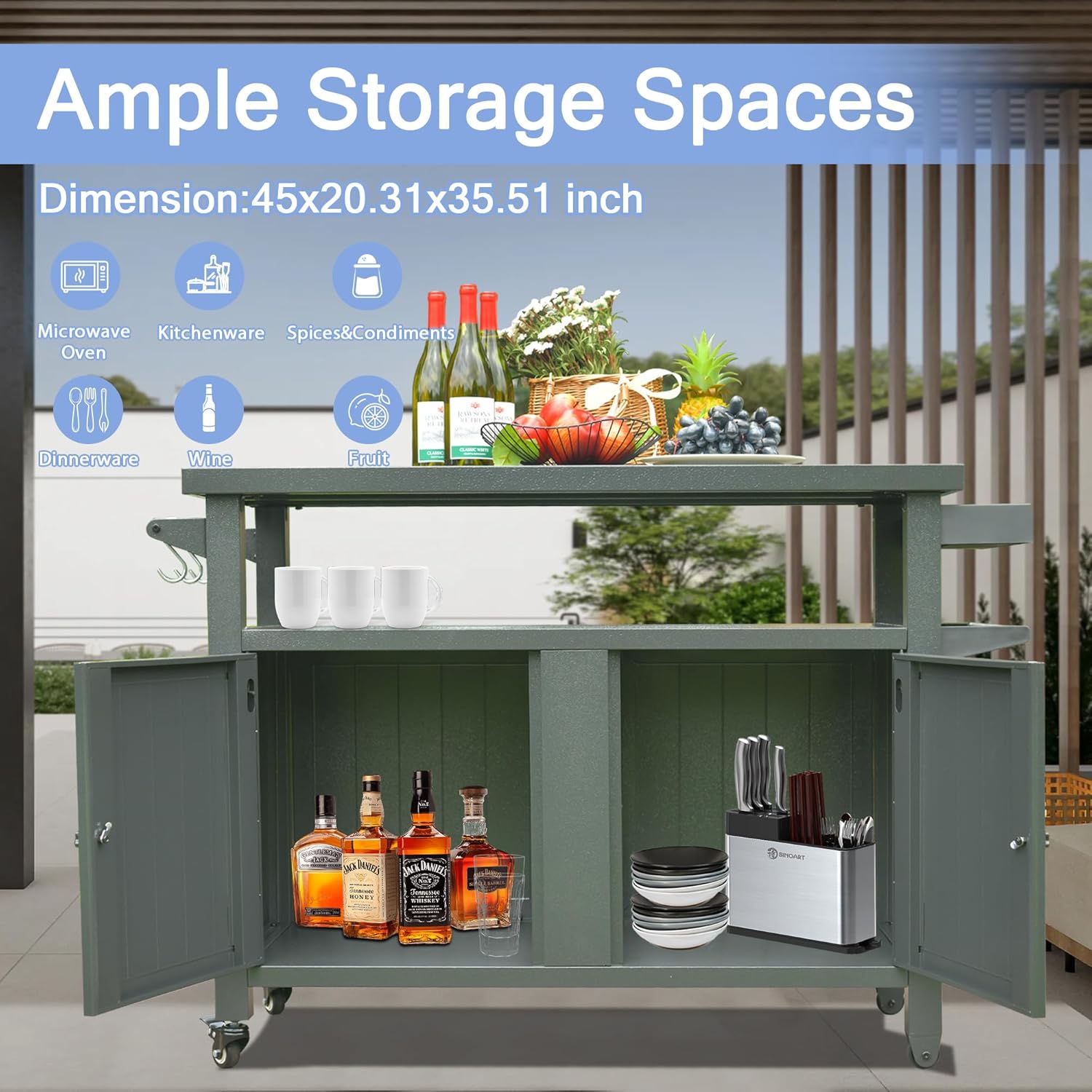 Domi Grill Carts Outdoor Storage Cabinet with Wheels, Metal Outdoor Grill Cart Kitchen Dining Table