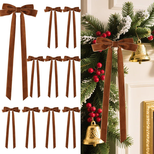Senjie 10Pcs Large Velvet Christmas Tree Bows, 20in x 8in Premade Vintage Ribbon Tree Topper Bows