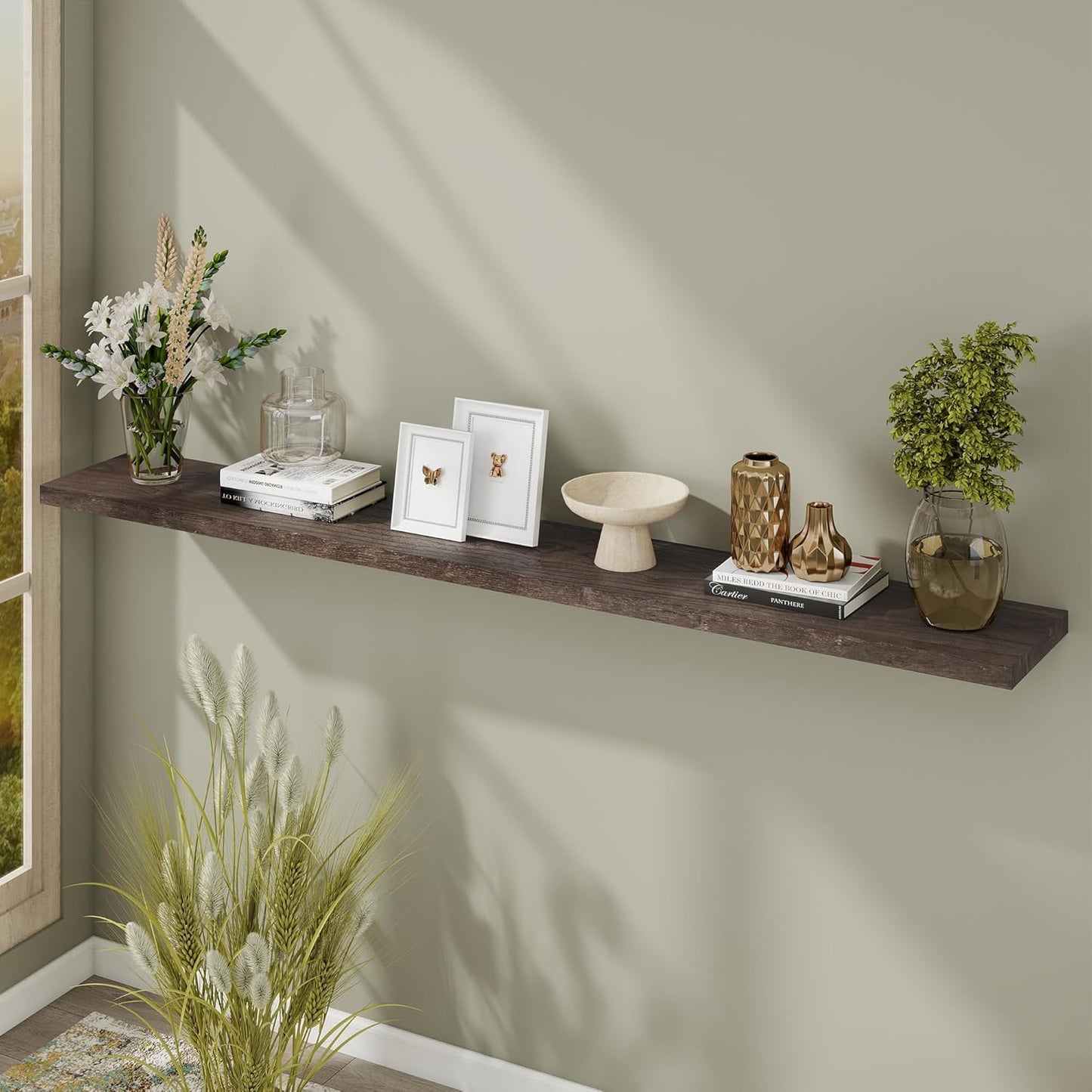 Fun Memories Floating Shelves for Wall, 72"x9.3" Rustic Solid Elm Wood Wall Shelves, Heavy-Duty