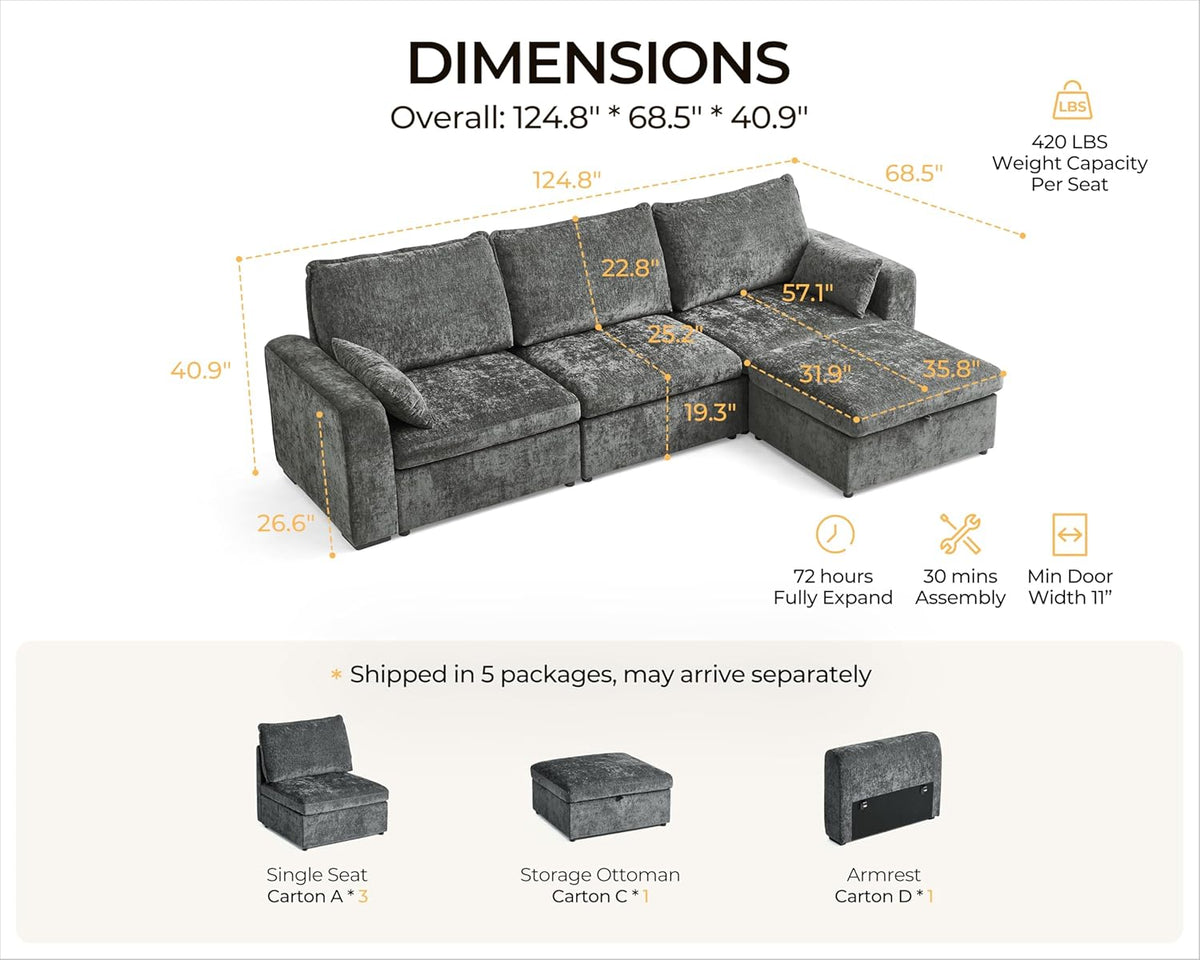 Oversized Modular Sofa Comfy Cloud Couch with Storage, Extra Deep Plush Sectional Sofa Set for