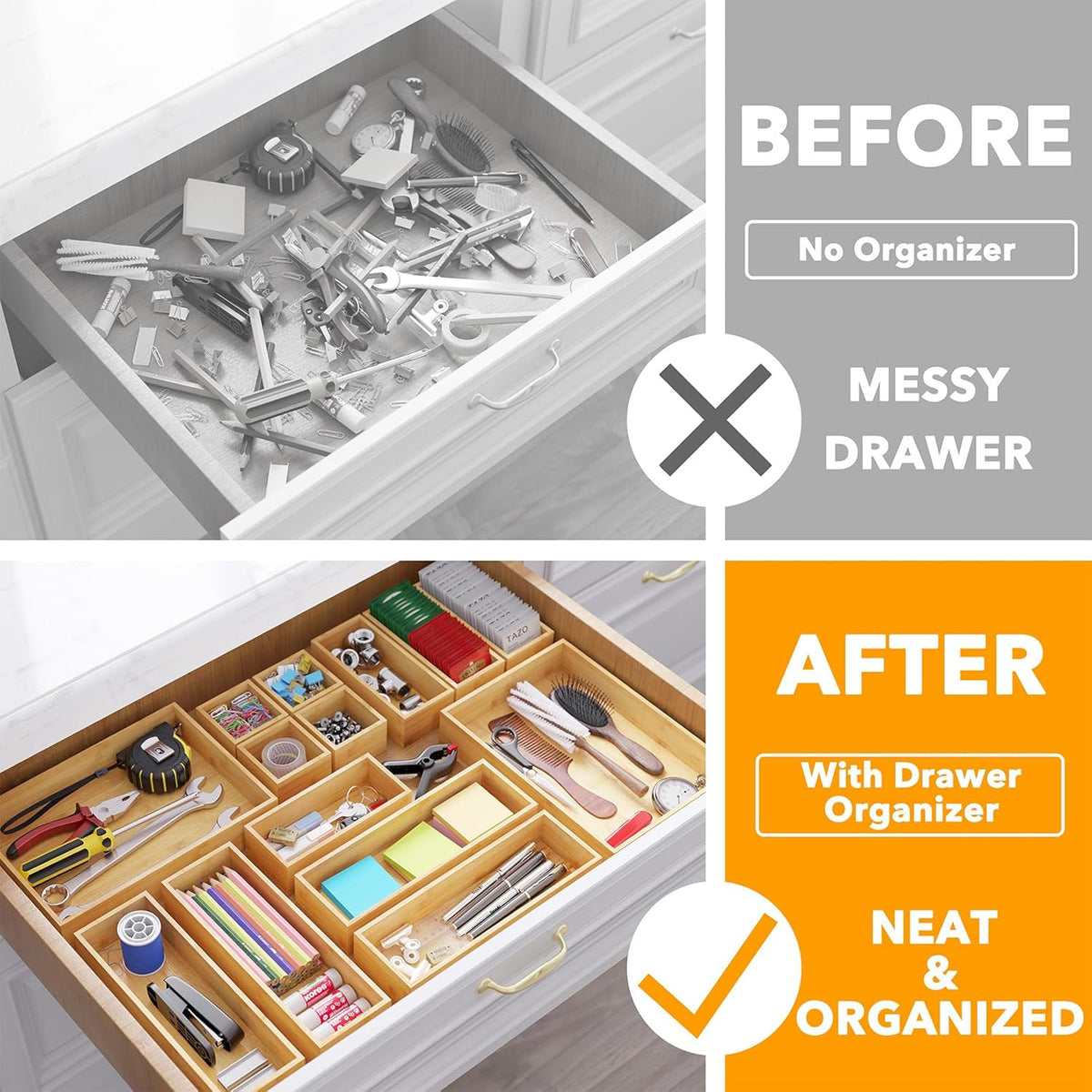 SpaceAid 14-Piece Bamboo Drawer Organizer Storage Boxes Set, Wood Tray Junk Drawer Organizers