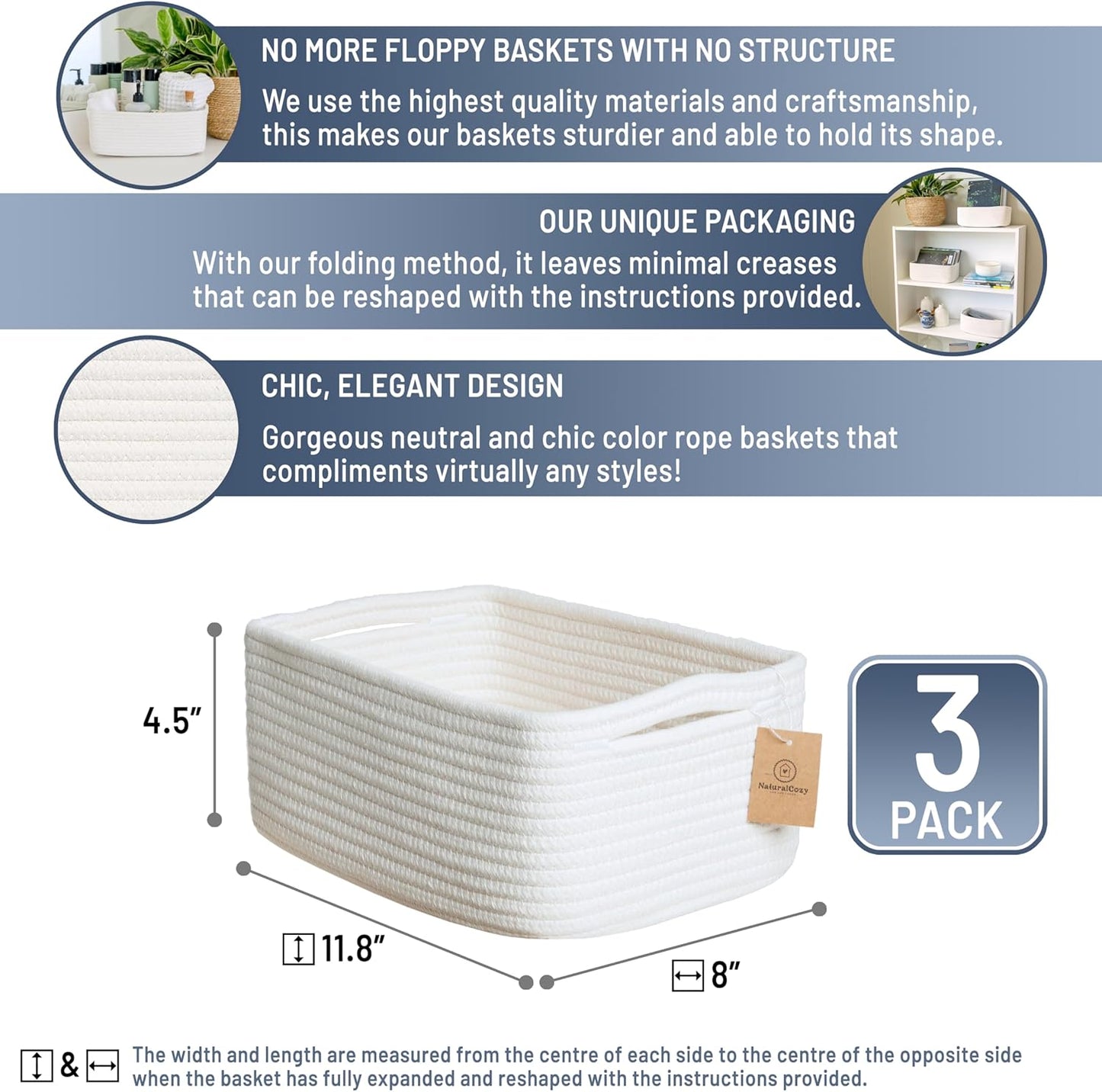 NaturalCozy 11.8"x8"x4.5” Storage Baskets for Shelves 3 Pack | Cotton Rope Woven Small Baskets for