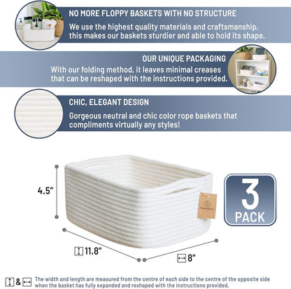 NaturalCozy 11.8"x8"x4.5” Storage Baskets for Shelves 3 Pack | Cotton Rope Woven Small Baskets for