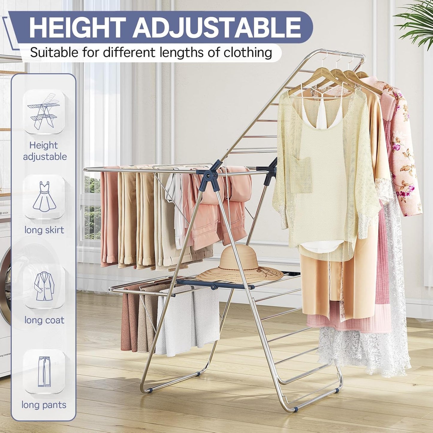 APEXCHASER Clothes Drying Rack with 4 Wings, Drying Rack Clothing with Height-Adjustable, Foldable