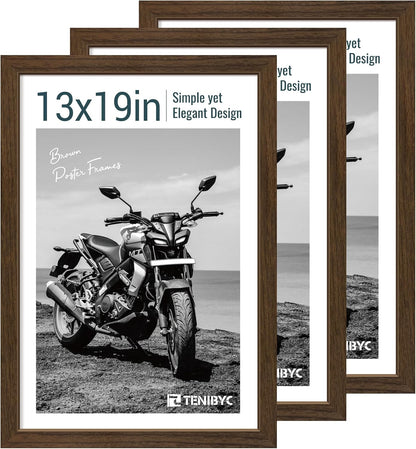 13x19 Picture Frame 3 Pack - Brown Woodgrain, Wood Photo Frame, HD Tempered Glass, Wall Gallery