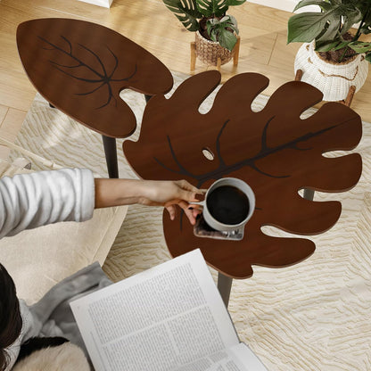 BAMEOS Monstera Leaf Nesting Tables Set of 2, Small Coffee Table Set with Leaf Vein Pattern, Modern