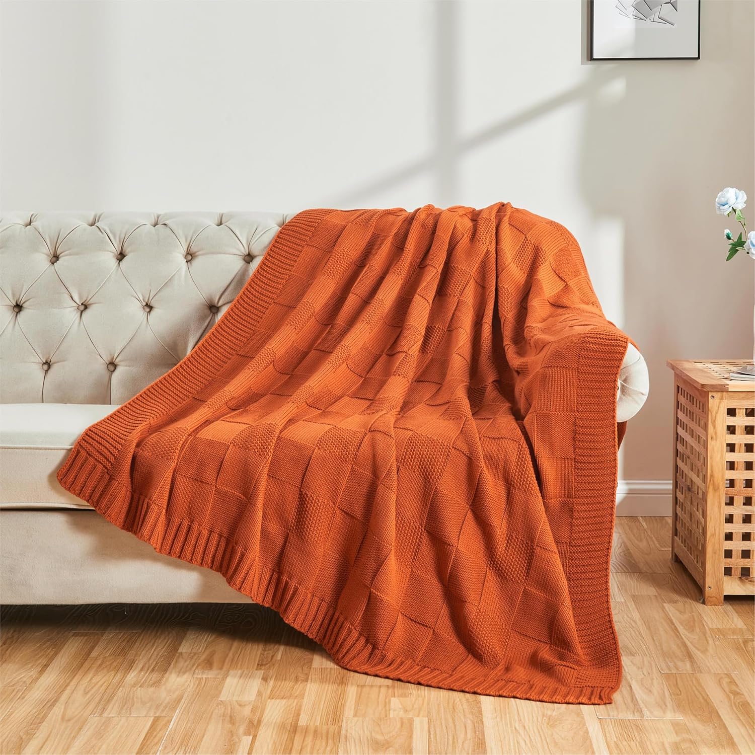 CozeCube Check Knit Throw Blanket, Rust Orange Checkered Throw for Couch, Decorative Christmas Soft