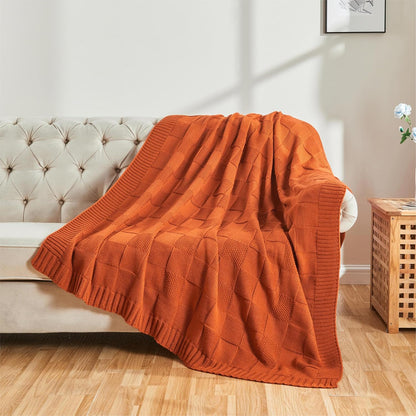 CozeCube Check Knit Throw Blanket, Rust Orange Checkered Throw for Couch, Decorative Christmas Soft