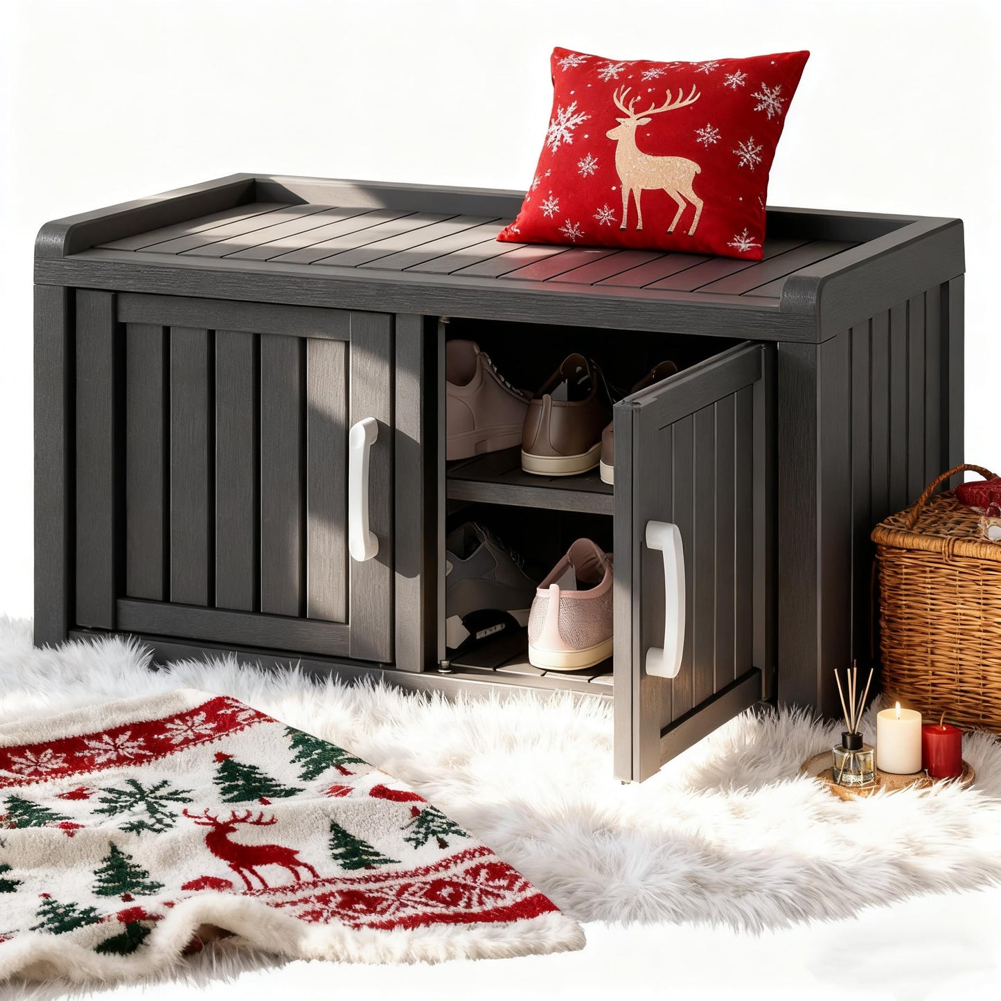 KAMABOKO Outdoor Shoe Storage Cabinet, Waterproof UV-Resistant Entryway Storage Bench Indoor